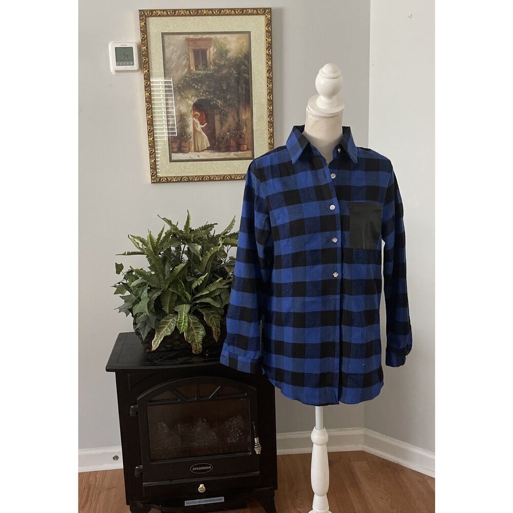 Womens Size Medium Buffalo Plaid Long Sleeve Button Up Shirt Zanzea Brand Blue‎
